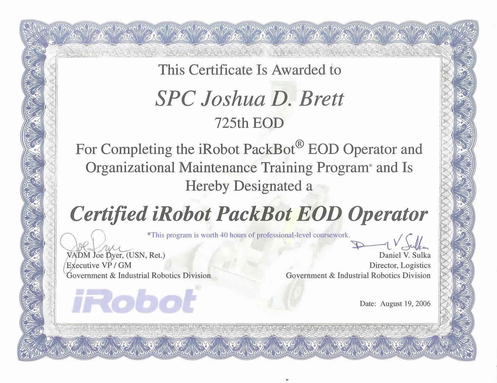 Certified iRobot PackBot EOD Operator