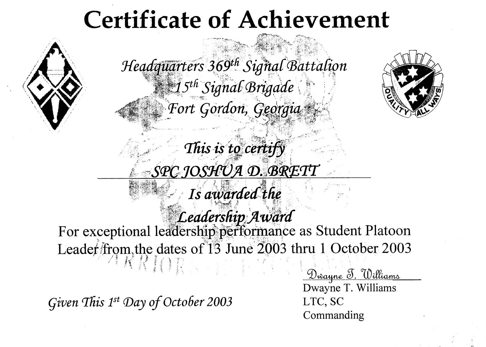 Army Certificate of Achievement 4