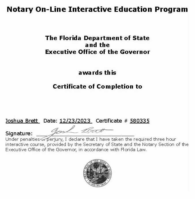 Florida Notary Public Certificate